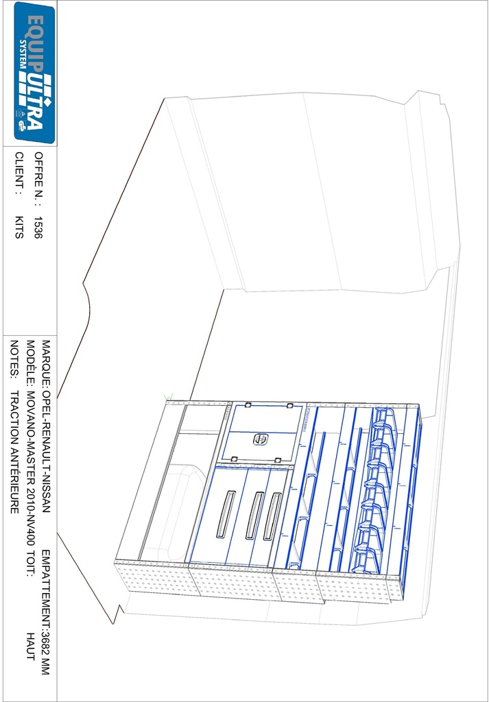Composition pour MASTER L2H2 - BOXER JUMPER DUCATO L2H2 - SPRINTER L2H2 - CRAFTER L3H3 - TRANSIT 2T L2H2 :
1 Couvre-Passage de roue ouvert avec arrêt de charges
1 Armoire avec serrure à clef + 1 rayon intérieur
1 Tiroir sur glissières H 108mm complet avec 2 cloisons amovibles + tapis
1 Tiroir sur glissières H 144mm complet avec 2 cloisons amovibles + tapis
1 Tiroir sur glissières H 216mm complet avec 2 cloisons amovibles + tapis
2 Étagères avec 3 cloisons amovibles + tapis
1 Rayonnage avec 8 bacs plastiques amovibles
1 Étagère finale avec 3 cloisons amovibles + tapis
1 Lot visserie / fixations
Dimensions : L 1268 x H 1692 x P 310/260/210mm
Poids : 72 Kg