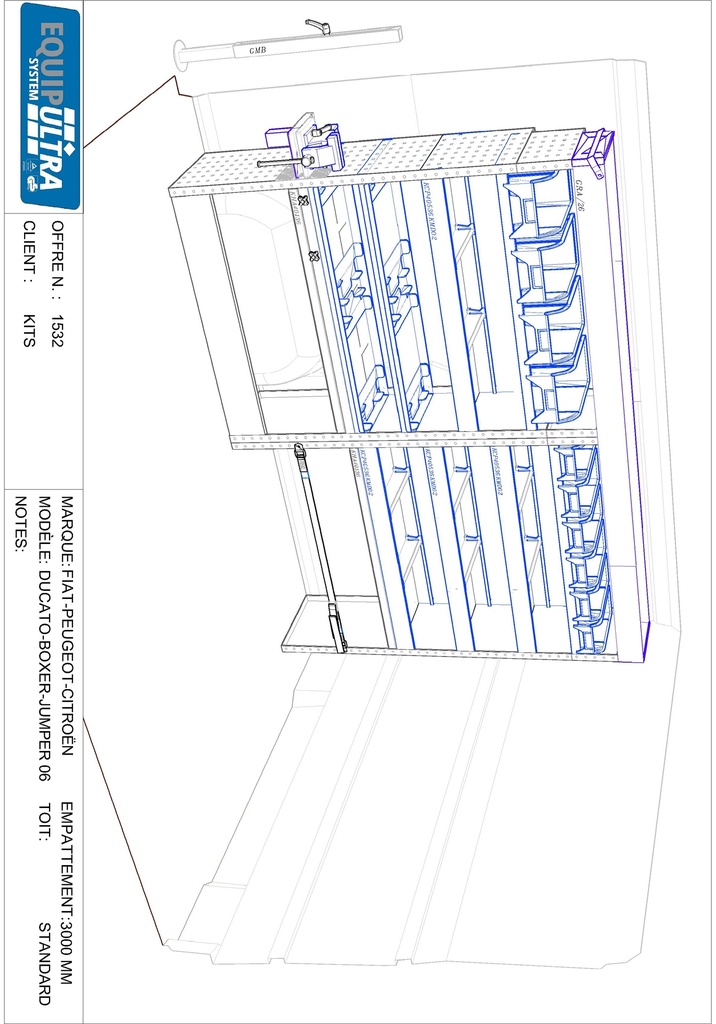 Composition pour MASTER L1H1 - BOXER JUMPER DUCATO L1H1 - SPRINTER CRAFTER L1H1 - TRANSIT 2T L1H1 :
1 Couvre-Passage de roue ouvert avec arrêt de charges
1 Couvre-Passage de roue ouvert avec sangle de maintien
1 Porte-étau coulissant complet avec un étau 110mm sur base tournante 360° + platine + pied de support réglable et amovible
2 Rayonnages pour 2 Mallettes ATOM (non comprises)
1 Rayonnage avec 4 bacs plastiques amovibles
1 Rayonnage avec 6 bacs plastiques amovibles
4 Étagères avec 2 cloisons amovibles + tapis
1 Profilé extensible supérieur avec petite porte
1 Lot visserie / fixations
Dimensions : L 2028/2188 x H 1504 x P 360/310/260mm
Poids : 103.66 Kg