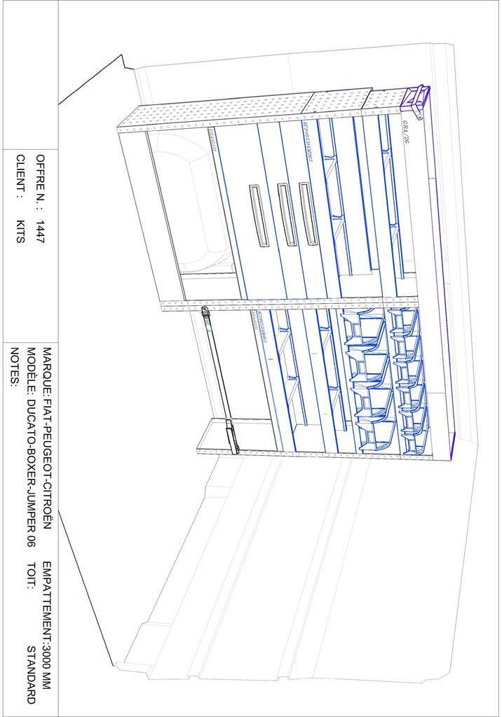 Composition pour MASTER L1H1 - BOXER JUMPER DUCATO L1H1 - SPRINTER CRAFTER L1H1 - TRANSIT 2T L1H1 :
1 Couvre-Passage de roue ouvert avec arrêt de charges
1 Couvre-Passage de roue ouvert avec sangle de maintien
2 Tiroirs sur glissières 108mm complet avec 2 cloisons amovibles + tapis
1 Tiroir sur glissières 216mm complet avec 2 cloisons amovibles + tapis
4 Étagères avec 2 cloisons amovibles + tapis
1 Rayonnage avec 4 bacs plastiques amovibles
1 Rayonnage avec 6 bacs plastiques amovibles
1 Profilé extensible supérieur avec petite porte
1 Lot visserie / fixations
Dimensions : L 2028 x H 1504 x P 310/260mm
Poids : 86 Kg