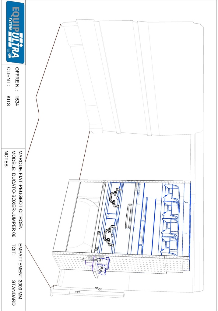 Composition pour MASTER L1H1 - BOXER JUMPER DUCATO L1H1 - SPRINTER CRAFTER L1H1 - TRANSIT 2T L1H1 :
1 Couvre-Passage de roue ouvert avec arrêt de charges
1 Porte-étau coulissant complet avec un étau 110mm sur base tournante 360° + platine + pied de support réglable et amovible
1 Tiroir sur glissières H 144mm complet avec 2 cloisons amovibles + tapis
1 Rayonnage pour 2 Mallettes ATOM (non comprises)
1 Étagère avec 2 cloisons amovibles + tapis
1 Rayonnage avec 4 bacs plastiques amovibles
1 Étagère finale avec 2 cloisons amovibles + tapis
1 Lot visserie / fixations
Dimensions : L 1014 x H 1174 x P 360/310/260mm
Poids : 70 Kg