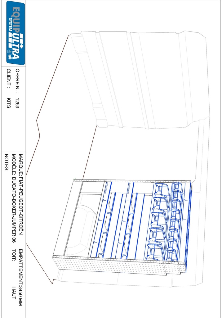 Composition pour MASTER L2H2 - BOXER JUMPER DUCATO L2H2 - SPRINTER L2H2 - CRAFTER L3H3 - TRANSIT 2T L2H2 :
1 Couvre-Passage de roue ouvert avec arrêt de charges
2 Étagères avec 3 cloisons amovibles + tapis
1 Rayonnage avec 5 bacs plastiques amovibles 
1 Rayonnage avec 8 bacs plastiques amovibles 
1 Étagère finale avec 3 cloisons amovibles + tapis
1 Lot visserie / fixations
Dimensions : L 1268 x H 1692 x P 310/260/210mm
Poids : 42.72 Kg