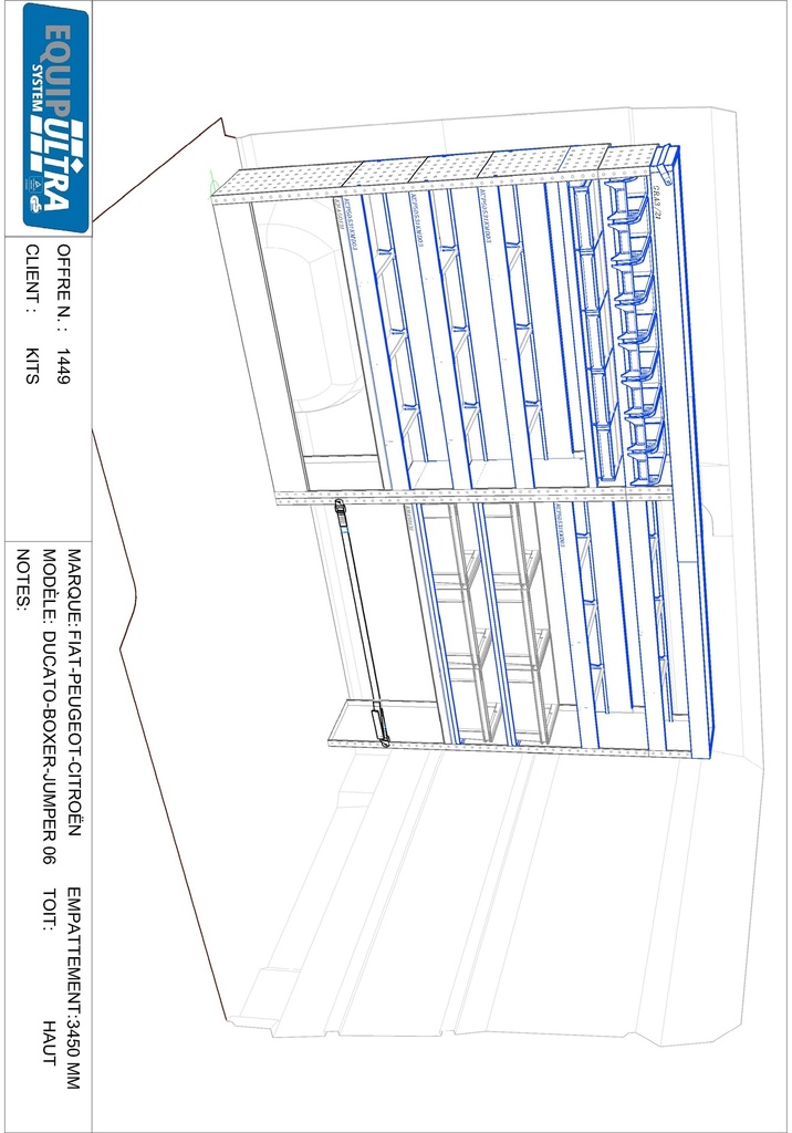 Composition pour MASTER L2H2 - BOXER JUMPER DUCATO L2H2 - SPRINTER L2H2 - CRAFTER L3H3 - TRANSIT 2T L2H2 :
1 Couvre-Passage de roue ouvert avec arrêt de charges
1 Couvre-Passage de roue ouvert avec sangle de maintien
5 Étagères avec 3 cloisons amovibles + tapis
1 Rayonnage avec 5 bacs plastiques amovibles
1 Rayonnage avec 8 bacs plastiques amovibles
2 Rayonnages avec 3 conteneurs Euro 290 x 400 x H 170mm
1 Profilé extensible supérieur avec petite porte
1 Lot visserie / fixations
Dimensions : L 2536 x H 1700 x P 310/260/210mm
Poids : 90.51 Kg
