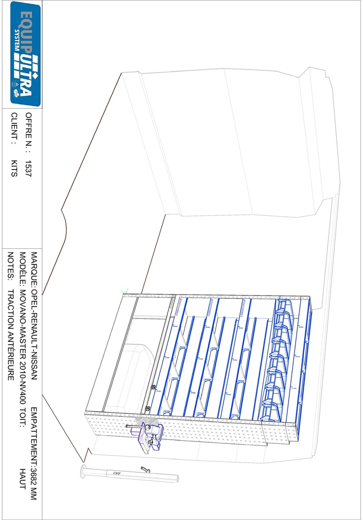 Composition pour MASTER L2H2 - BOXER JUMPER DUCATO L2H2 - SPRINTER L2H2 - CRAFTER L3H3 - TRANSIT 2T L2H2 :
1 Couvre-Passage de roue ouvert avec arrêt de charges
1 Porte-étau coulissant complet avec un étau 110mm sur base tournante 360° + platine + pied de support réglable et amovible
3 Étagères avec 3 cloisons amovibles + tapis
1 Rayonnage avec 8 bacs plastiques amovibles
1 Étagère finale avec 3 cloisons amovibles + tapis
1 Lot visserie / fixations
Dimensions : L 1268 x H 1692 x P 310/260/210mm
Poids : 67.35 Kg
