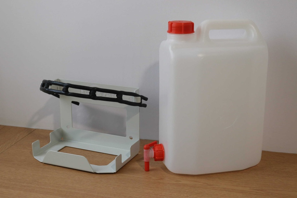 Iron jerrycan holder for 10 L plastic jerrycan. with tap, retaining strap and 10 L food jerrycan. INCLUDED.