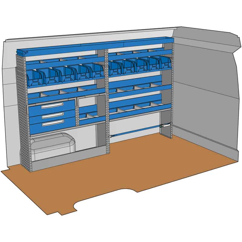 Composition pour MASTER L2H2 - BOXER JUMPER DUCATO L2H2 - SPRINTER L2H2 - CRAFTER L3H3 - TRANSIT 2T L2H2 :
1 Couvre-Passage de roue ouvert avec arrêt de charges
1 Couvre-Passage de roue ouvert avec sangle de maintien
7 Etagères avec 3 cloisons amovibles + tapis
2 Rayonnages avec 5 bacs plastiques amovibles
1 Profilé extensible supérieur avec petite porte
1 Lot visserie / fixations
Dimensions : L 2536 x H 1720 x P 310/260mm
Poids : 108 Kg