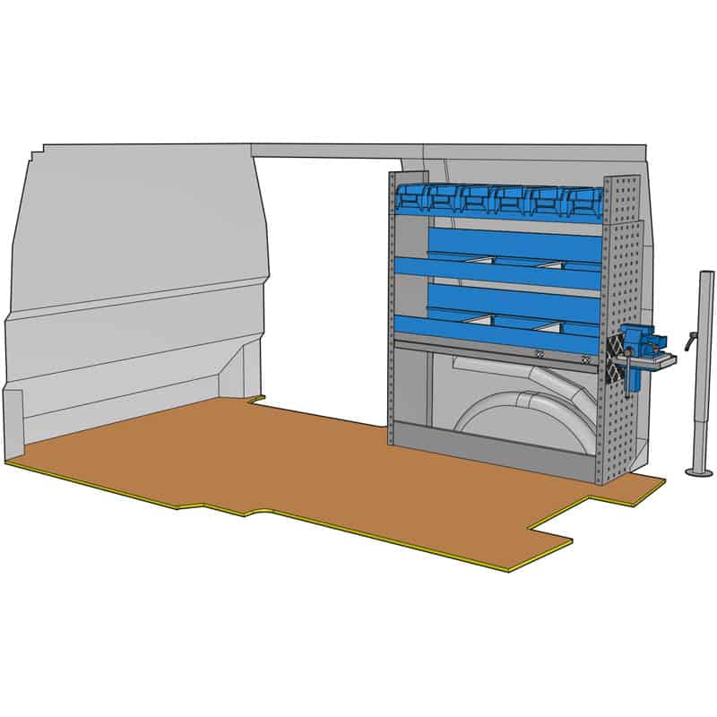 Composition pour JUMPY M - EXPERT STANDARD(L2) - VIVARO 2019(L2) - PROACE MOYEN(L1) - TRAFIC L1 - T6 L1 - CUSTOM L1 - VITO L1 :
1 Couvre-Passage de roue ouvert avec arrêt de charges
2 Étagères avec 2 cloisons amovibles + tapis
1 Porte-étau coulissant complet avec un étau 110mm sur base tournante 360° + platine + pied de support réglable et amovible
1 Rayonnage final avec 6 bacs plastiques amovibles
1 Lot visserie / fixations
Dimensions : L 1014/1174 x H 1188 x P 310/260mm
Poids : 49.98 Kg