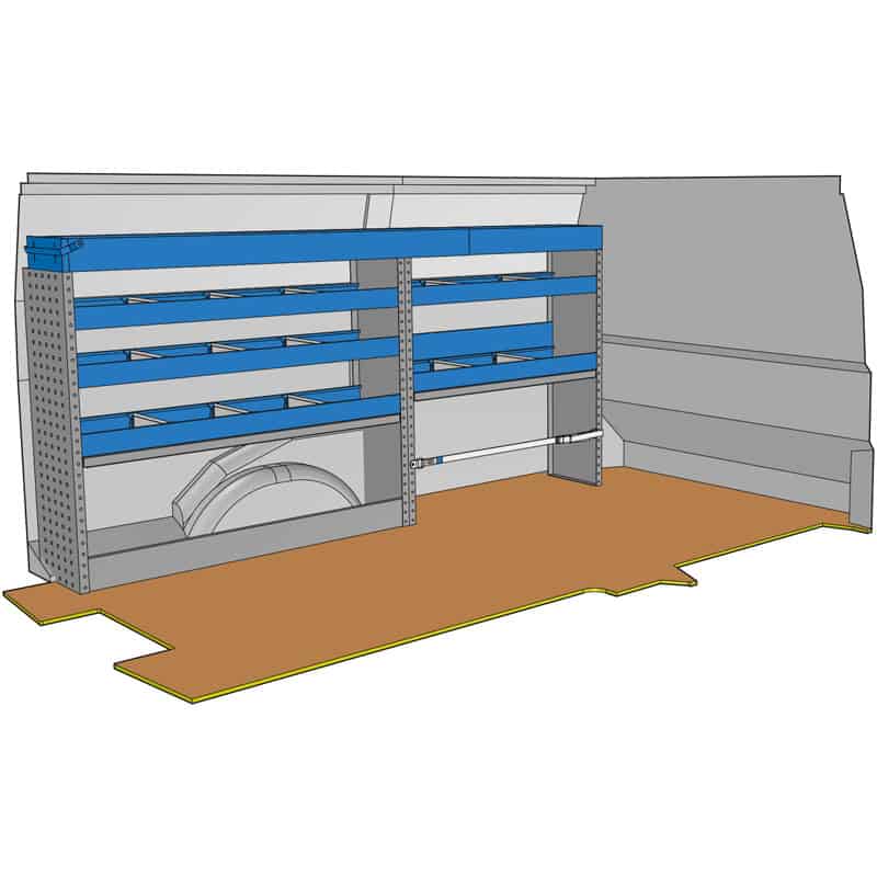 Composition pour JUMPY XL - EXPERT LONG(L3) - VIVARO 2019(L3) -PROACE LONG(L2) - TRAFIC L2 -  T6 L2 - CUSTOM L2 :
1 Couvre-Passage de roue ouvert avec arrêt de charges
1 Couvre-Passage de roue ouvert avec sangle de maintien
3 Étagères avec 3 cloisons amovibles + tapis
2 Étagères avec 2 cloisons amovibles + tapis
1 Profilé extensible supérieur avec petite porte
1 Lot visserie / fixations
Dimensions : L 2282 x H 1108 x P 310/260mm
Poids : 51,54 Kg