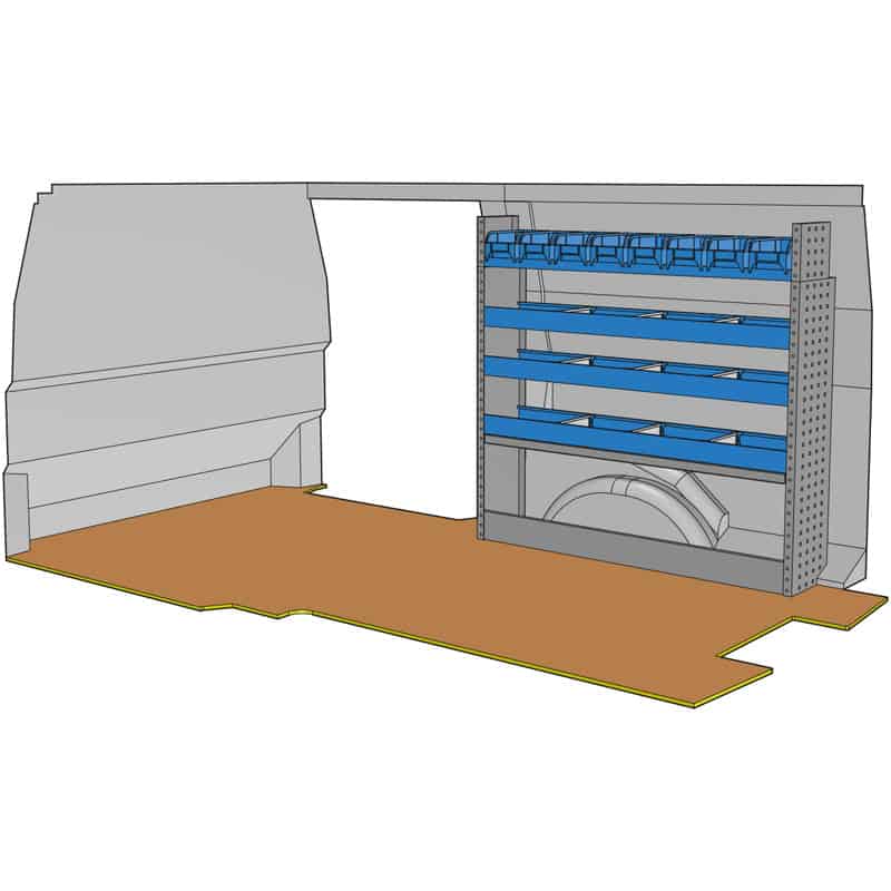 Composition pour JUMPY XL - EXPERT LONG(L3) - VIVARO 2019(L3) -PROACE LONG(L2) - TRAFIC L2 -  T6 L2 - CUSTOM L2 :
1 Couvre-Passage de roue ouvert avec arrêt de charges
3 Étagères avec 3 cloisons amovibles + tapis
1 Rayonnage final avec 8 bacs plastiques amovibles
1 Lot visserie / fixations
Dimensions : L 1268 x H 1188 x P 260/210mm
Poids : 27.77 Kg