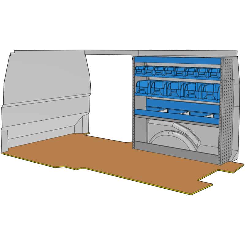 Composition pour JUMPY XL - EXPERT LONG(L3) - VIVARO 2019(L3) -PROACE LONG(L2) - TRAFIC L2 -  T6 L2 - CUSTOM L2 :
1 Couvre-Passage de roue ouvert avec arrêt de charges
1 Étagère avec 3 cloisons amovibles + tapis
1 Rayonnage avec 5 bacs plastiques amovibles
1 Rayonnage avec 8 bacs plastiques amovibles
1 Étagère finale avec 3 cloisons amovibles + tapis 
1 Lot visserie / fixations
Dimensions : L 1268 x H 1224 x P 310/260mm
Poids : 36 Kg