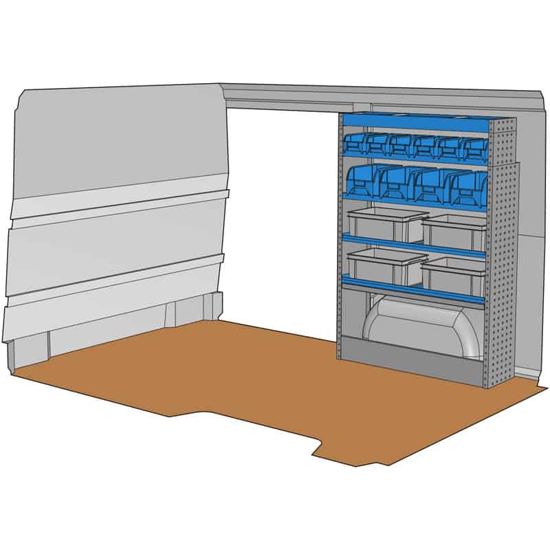 Composition pour MASTER L1H1 - BOXER JUMPER DUCATO L1H1 - SPRINTER CRAFTER L1H1 - TRANSIT 2T L1H1 :
1 Couvre-Passage de roue ouvert avec arrêt de charges
2 Rayonnages avec 2 conteneurs Euro 290 x 400 x H 170mm
1 Rayonnage avec 4 bacs plastiques amovibles
1 Rayonnage avec 6 bacs plastiques amovibles
1 Étagère finale avec 2 cloisons amovibles + tapis
1 Lot visserie / fixations
Dimensions : L 1014 x H 1476 x P 310/260mm
Poids : 40.54 Kg