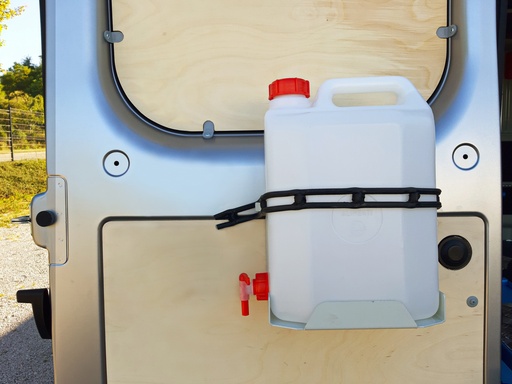 Porte - jerrycan en acier pour jerrycan en plastique 10 L. avec robinet, sangle de maintien et  jerrycan alimentaire 10 L. INCLUS.