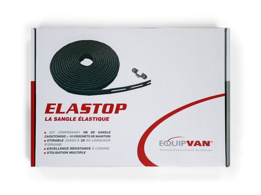 Sangle ELASTOP, caoutchouc Noire perforée, longueur 10M + 16 crochets d'attache métal.