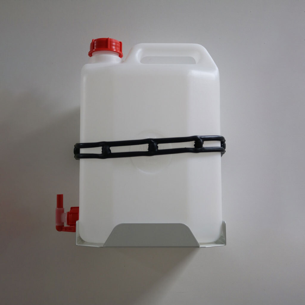 Iron jerrycan holder for 5 L plastic jerrycan. with tap, retaining strap and 5 L food jerrycan. INCLUDED.