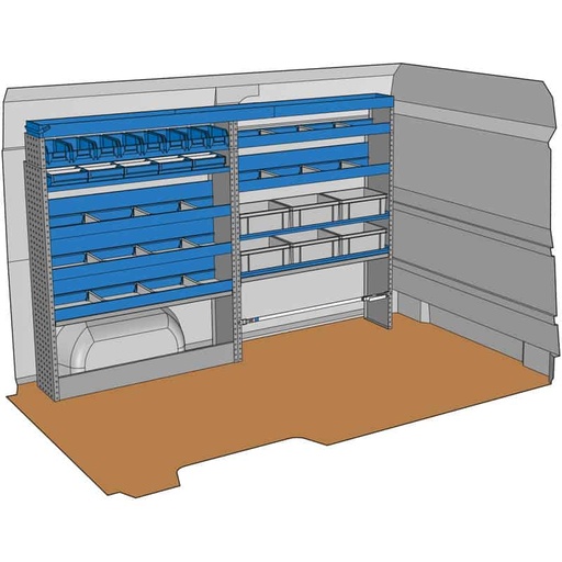 [KF102] Composition pour MASTER L2H2 - BOXER JUMPER DUCATO L2H2 - SPRINTER L2H2 - CRAFTER L3H3 - TRANSIT 2T L2H2 :
1 Couvre-Passage de roue ouvert avec arrêt de charges
1 Couvre-Passage de roue ouvert avec sangle de maintien
5 Étagères avec 3 cloisons amovibles + tapis
1 Rayonnage avec 5 bacs plastiques amovibles
1 Rayonnage avec 8 bacs plastiques amovibles
2 Rayonnages avec 3 conteneurs Euro 290 x 400 x H 170mm
1 Profilé extensible supérieur avec petite porte
1 Lot visserie / fixations
Dimensions : L 2536 x H 1700 x P 310/260/210mm
Poids : 90.51 Kg