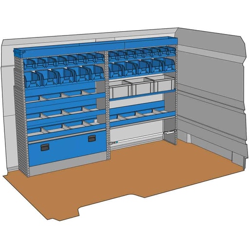 [KF104] Composition pour MASTER L2H2 - BOXER JUMPER DUCATO L2H2 - SPRINTER L2H2 - CRAFTER L3H3 - TRANSIT 2T L2H2 :
1 Couvre-Passage de roue fermé avec porte relevable assistée
1 Couvre-Passage de roue ouvert avec sangle de maintien
4 Étagères avec 3 cloisons amovibles + tapis
1 Rayonnage avec 3 conteneurs Euro 290 x 400 x H 220mm
2 Rayonnages avec 5 bacs plastiques amovibles
2 Rayonnages avec 8 bacs plastiques amovibles
1 Profilé extensible supérieur avec petite porte
1 Lot visserie / fixations
Dimensions : L 2536 x H 1756 x P 360/310/260mm
Poids : 114 Kg