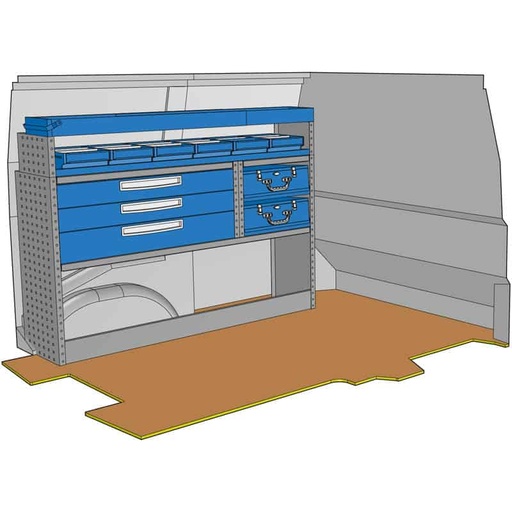 [KF43] Composition pour JUMPY XS - EXPERT COMPACT(L1) - VIVARO 2019(L1) - PROACE COURT(L0) :
1 Couvre-Passage de roue ouvert avec arrêt de charges
1 Tiroir sur glissières H 144mm complet avec 2 cloisons amovibles + tapis
2 Tiroirs sur glissières H 108mm complet avec 2 cloisons amovibles + tapis
2 Rayonnages pour 1 Mallette ATOM (non comprise)
1 Rayonnage avec 6 bacs plastiques amovibles
1 Profilé extensible supérieur avec petite porte 
1 Lot visserie / fixations
Dimensions : L 1521 x H 1124 x P 360/310/210mm
Poids : 63.77 Kg