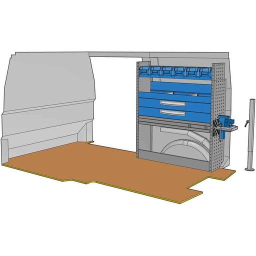[KF56] Composition pour JUMPY M - EXPERT STANDARD(L2) - VIVARO 2019(L2) - PROACE MOYEN(L1) - TRAFIC L1 - T6 L1 - CUSTOM L1 - VITO L1 :
1 Couvre-Passage de roue ouvert avec arrêt de charges
1 Porte-étau coulissant complet avec un étau 110mm sur base tournante 360° + platine + pied de support réglable et amovible
2 Tiroirs sur glissières H 108mm complet avec 2 cloisons amovibles + tapis
1 Étagère avec 2 cloisons amovibles + tapis
1 Rayonnage final avec 6 bacs plastiques amovibles
1 Lot visserie / fixations
Dimensions : L 1014/1174 x H 1188 x P 310/260mm
Poids : 58.46 Kg