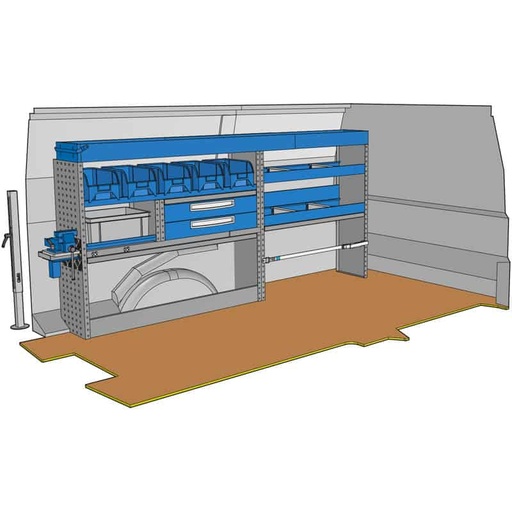 [KF74] Composition pour JUMPY XL - EXPERT LONG(L3) - VIVARO 2019(L3) -PROACE LONG(L2) - TRAFIC L2 -  T6 L2 - CUSTOM L2 :
1 Couvre-Passage de roue ouvert avec arrêt de charges
1 Couvre-Passage de roue ouvert avec sangle de maintien
2 Tiroirs sur glissières H 108mm complet avec 2 cloisons amovibles + tapis
1 Rayonnage avec 1 conteneur Euro 290 x 400 x H 220mm
2 Étagères avec 2 cloisons amovibles + tapis
1 Rayonnage avec 5 bacs plastiques amovibles
1 Porte-étau coulissant complet avec un étau 110mm sur base tournante 360° + platine + pied de support réglable et amovible
1 Profilé extensible supérieur avec petite porte
1 Lot visserie / fixations
Dimensions : L 2282/2458 x H 1108 x P 310/260mm
Poids : 91 Kg